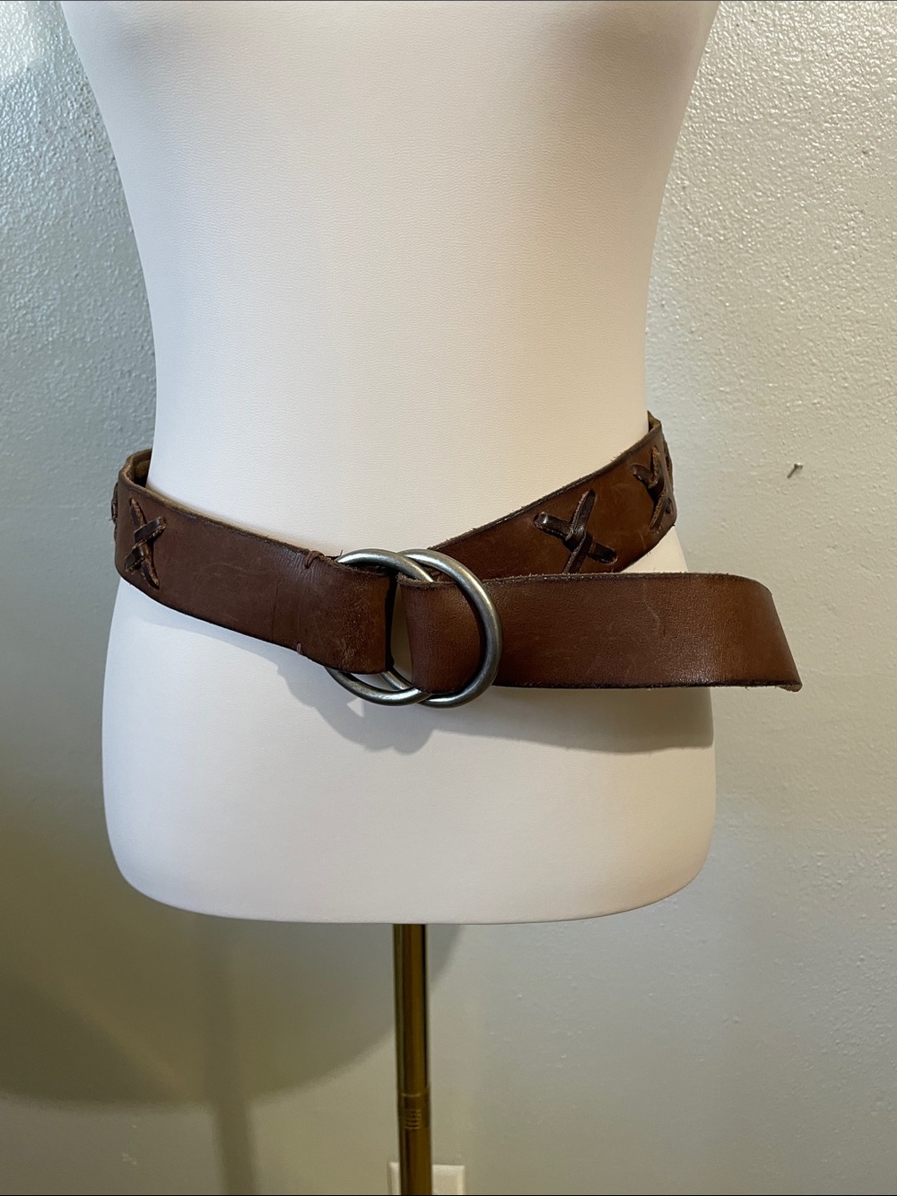 Boho Western Leather Ring Belt Zigzag Stitch Brown Medium Buckle Southwestern